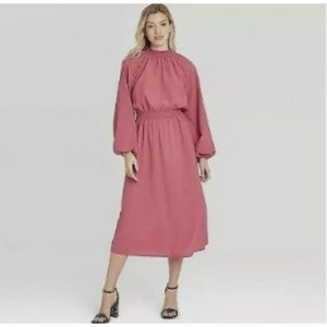 NEW WITH TAGS A NEW DAY HIGH NECK ELASTIC WAIST LONG SLEEVE PINK MIDI DRESS L